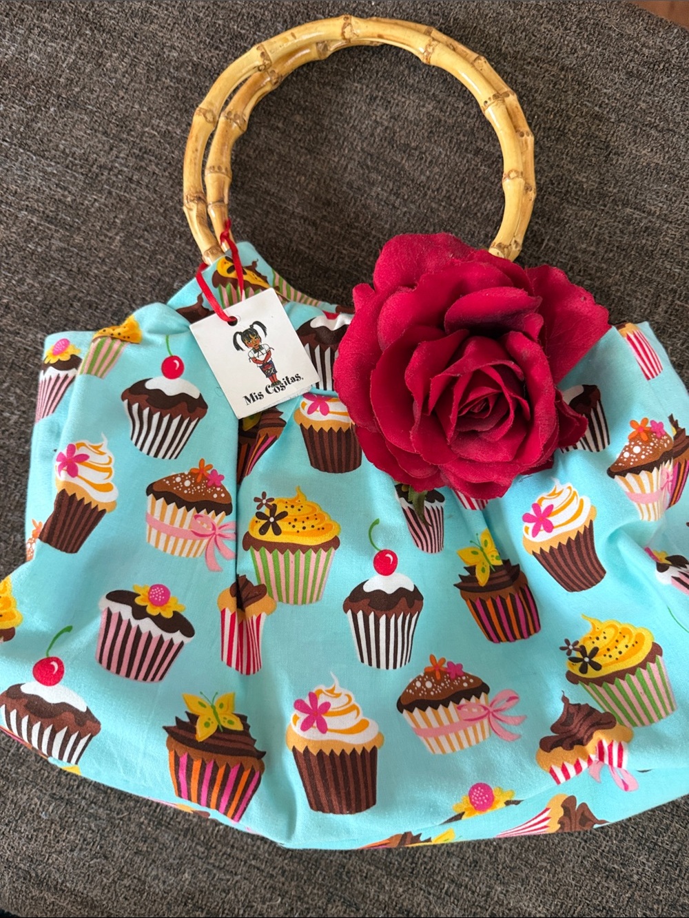 Kids Cupcake Print Bamboo Handle Bag with Pink Flower